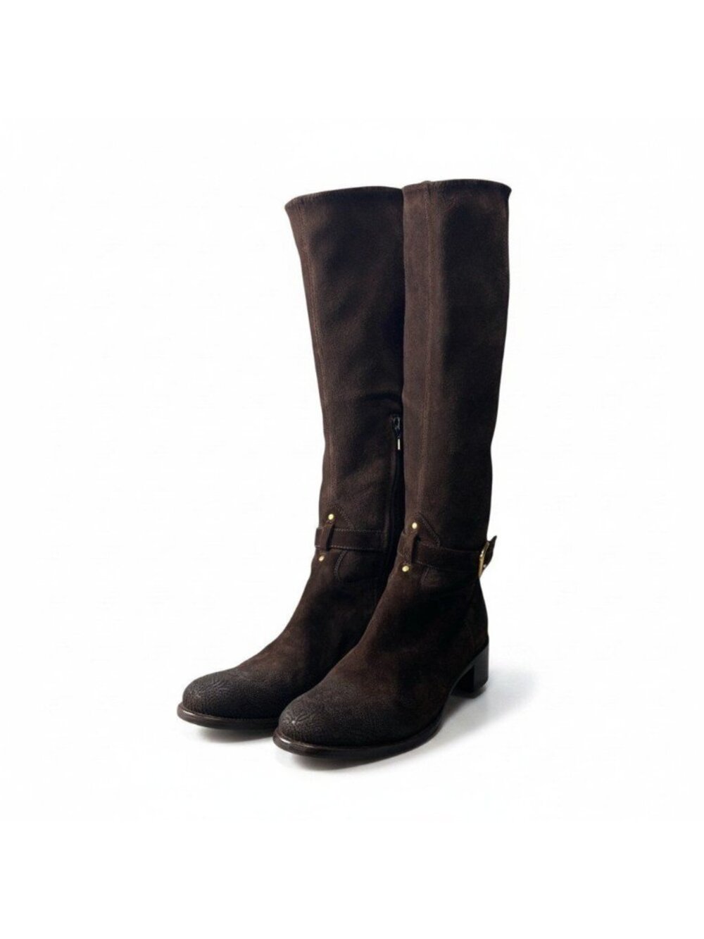 Prada 2 D Leather Boots Embroidery with Suede Long Buckle Design Brown